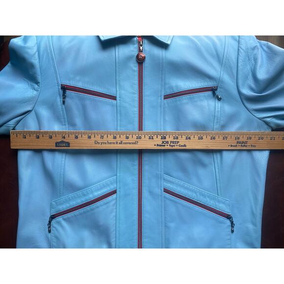 Y2K St. John Sport By Marie Gray Blue Leather Jacket w/ Red Trim Accents/Lining - Picture 14 of 16